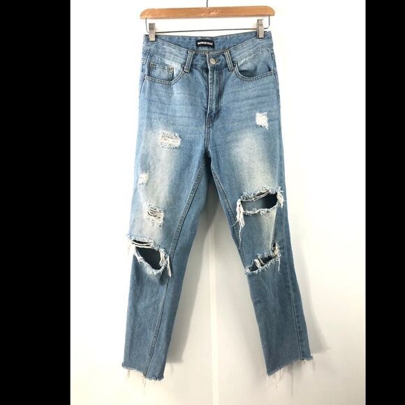 MOMOKROM High Waisted Distressed Ankle Jeans 25" - Picture 2 of 9